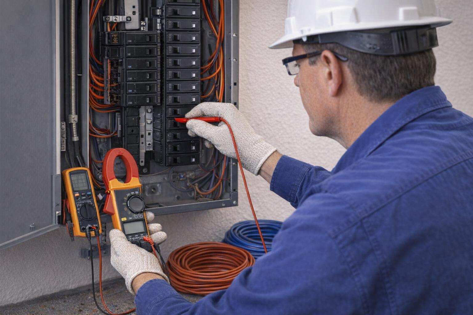 Picture of an electrician fixing a circuit in Oak Bay, BC