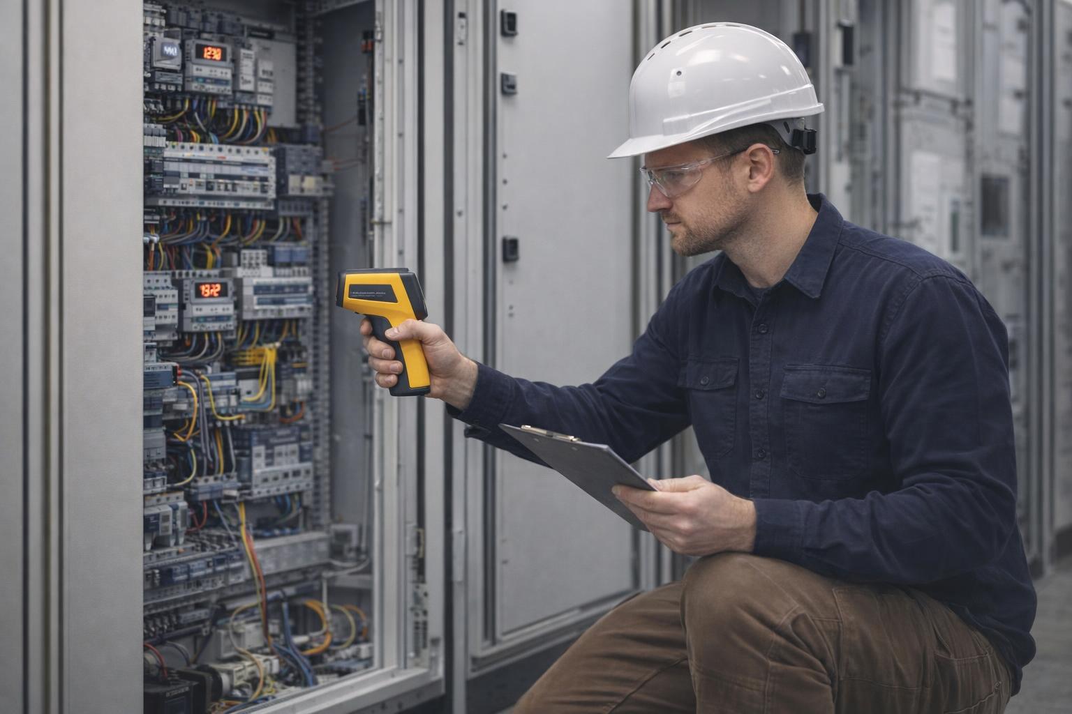 Picture of an electrician servicing a commercial electrical panel in Esquimalt, BC