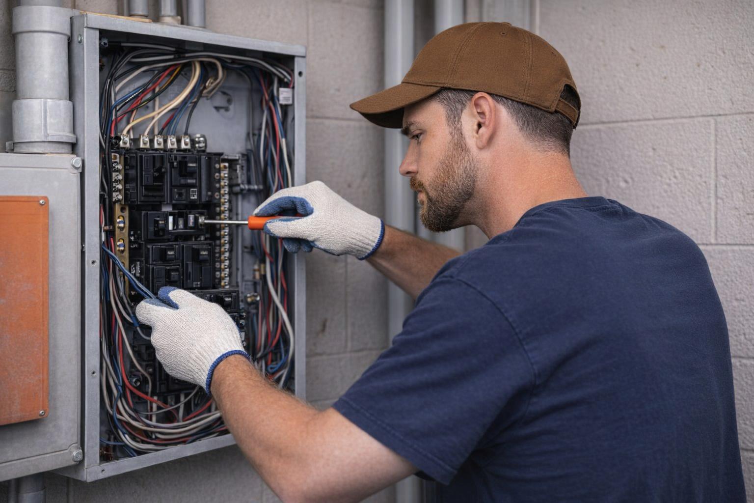 Picture of an electrician servicing a commercial electrical panel in Highlands, BC