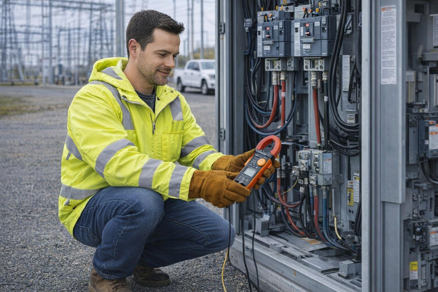 Picture of an electrician servicing a commercial electrical panel in Oak Bay, BC