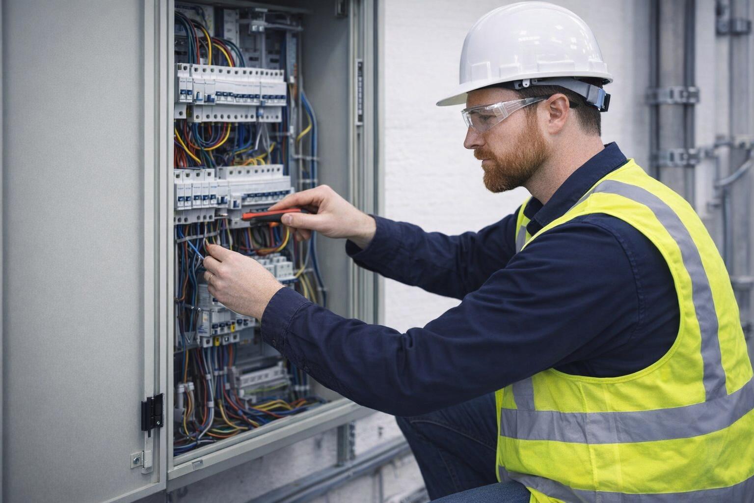 Picture of an electrician servicing a commercial electrical panel in Victoria, BC