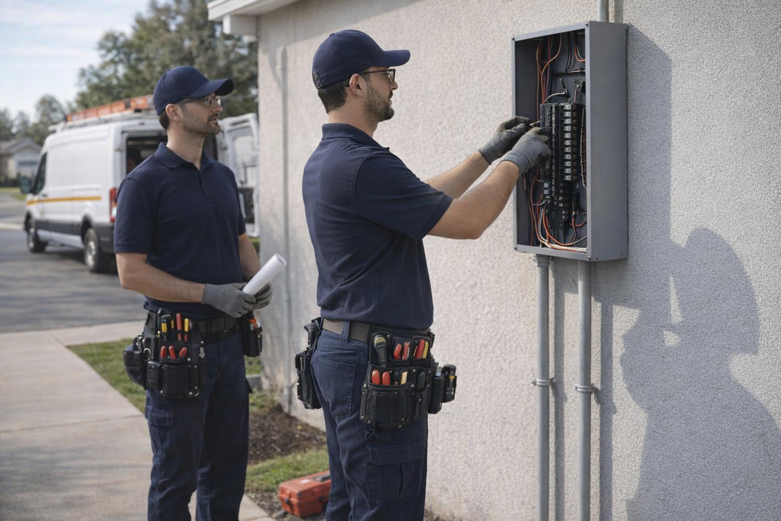 Picture of an electrician making an emergency electrical repair in Highlands, BC