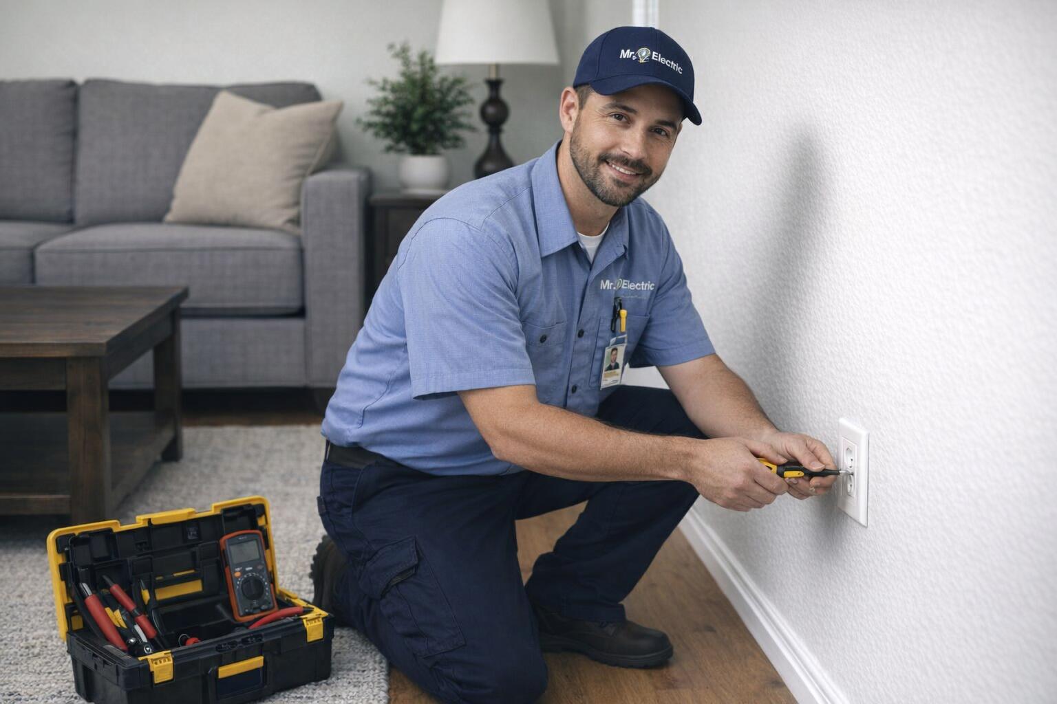 Picture of an electrician making an emergency electrical repair in Oak Bay, BC