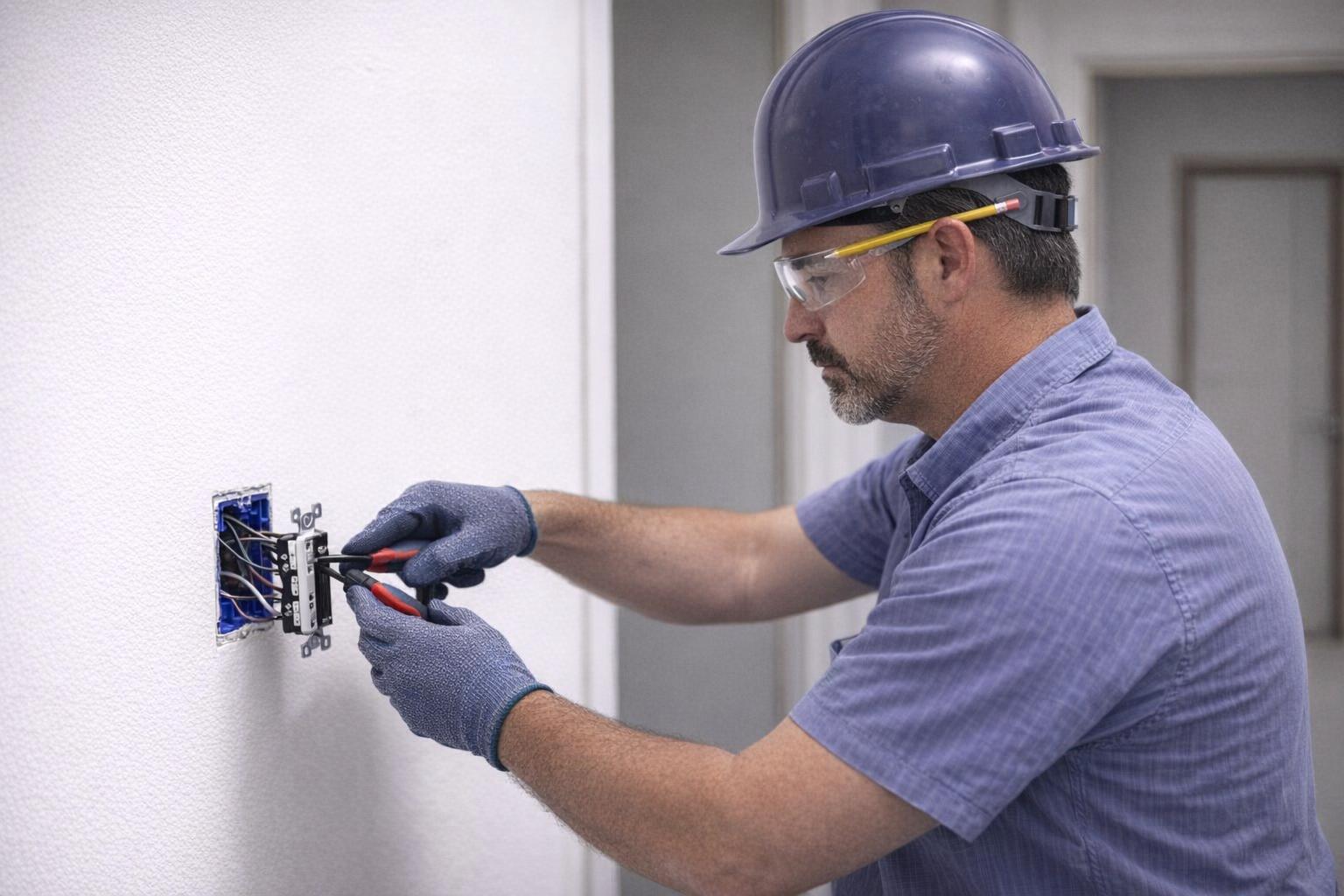 Picture of an electrician making an emergency electrical repair in Saanich, BC