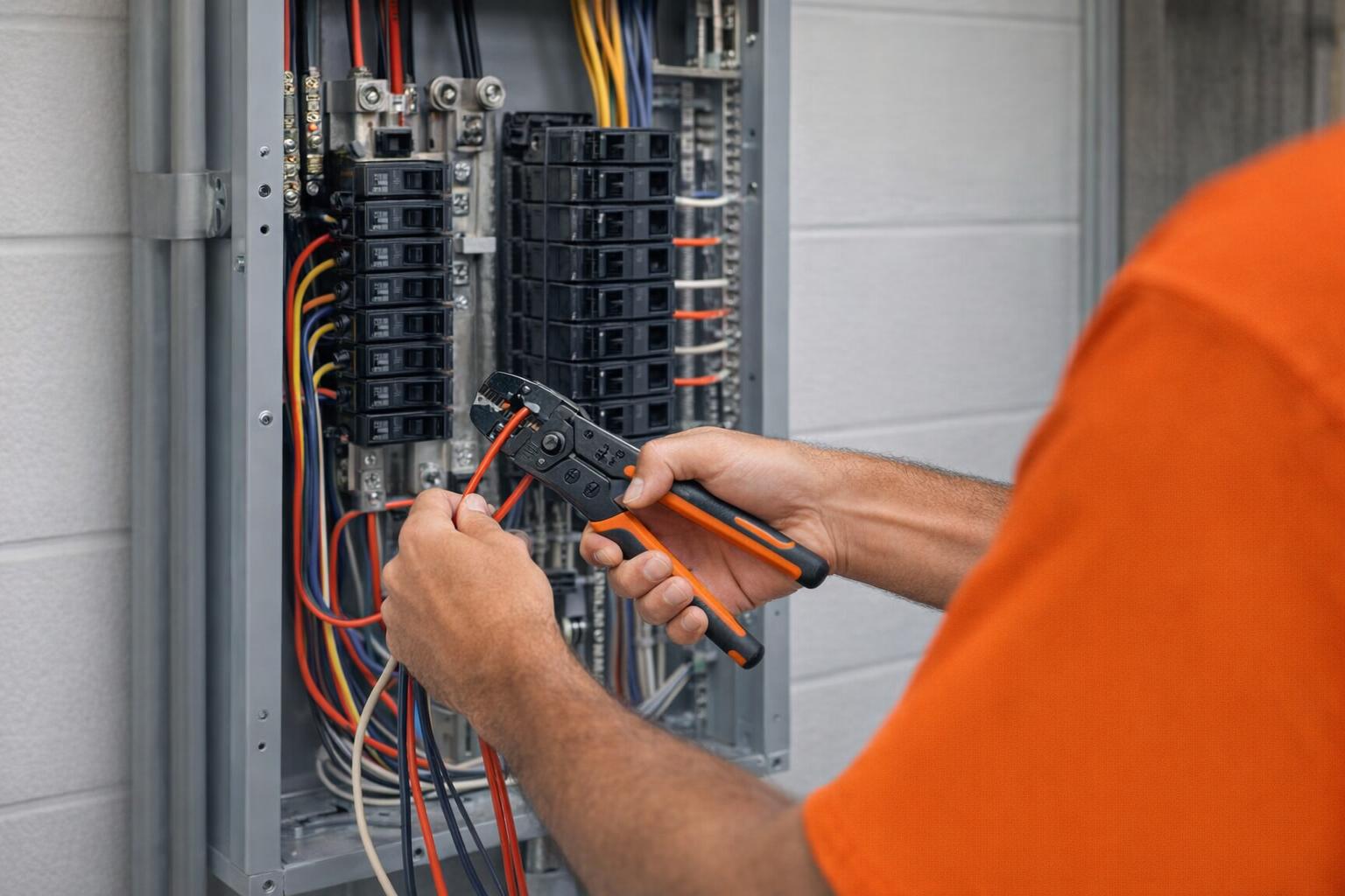 Picture of an electrician repairing an electrical panel in Langford, BC