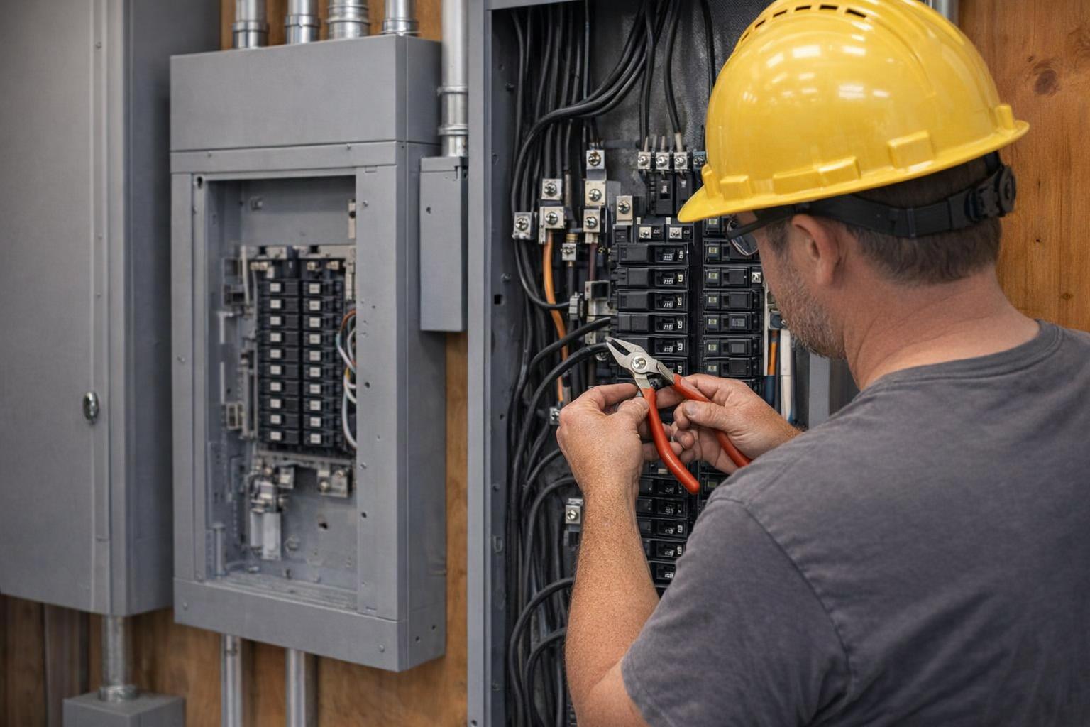 Picture of an electrician maintaining an electrical panel in Langford, BC