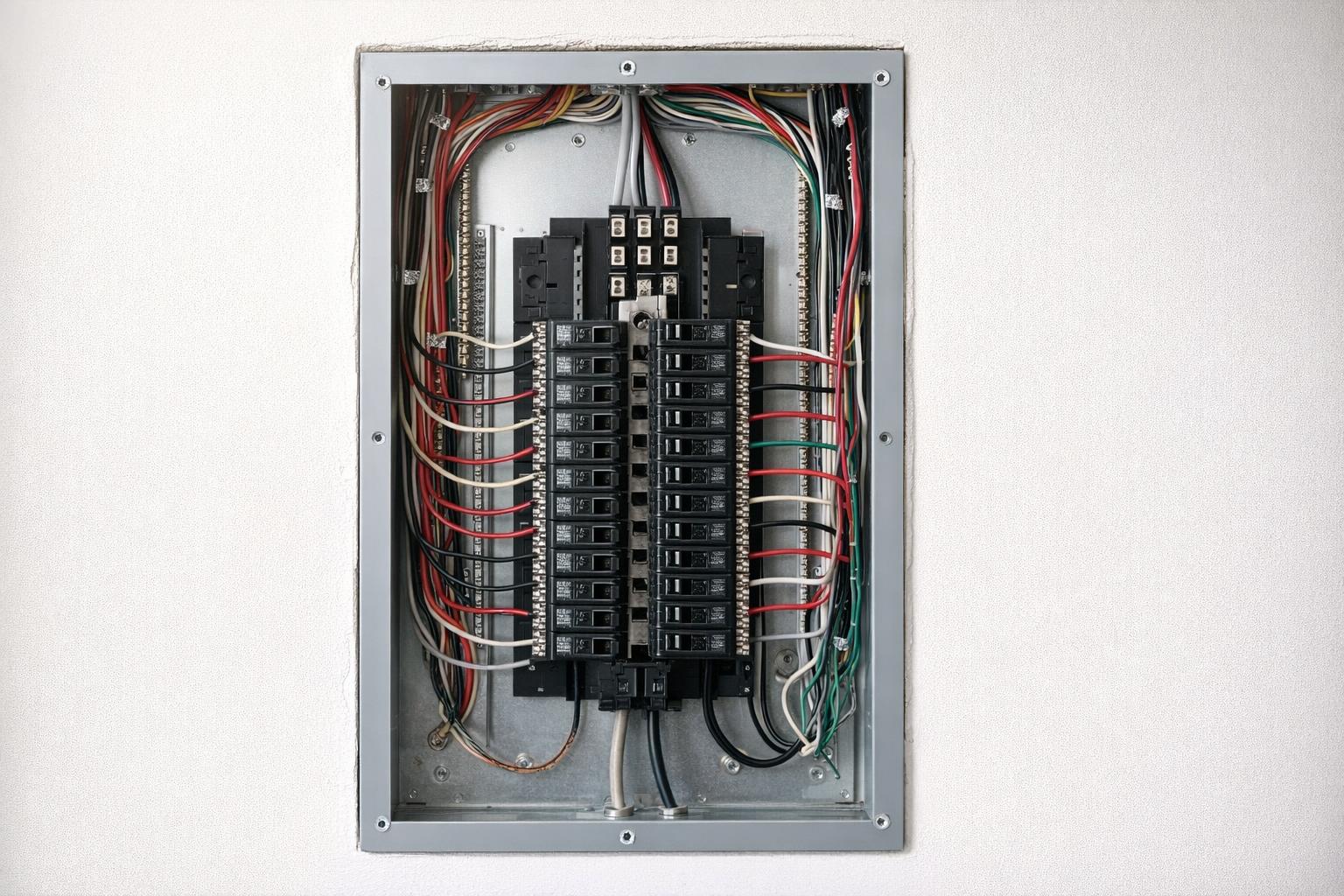 Picture of an electrician installing a 200 amp electrical panel in Langford, BC