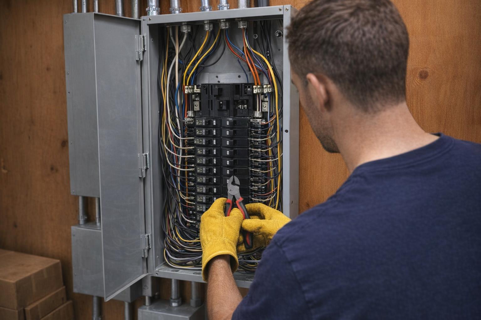 Picture of an electrician rewiring a building in Langford, BC