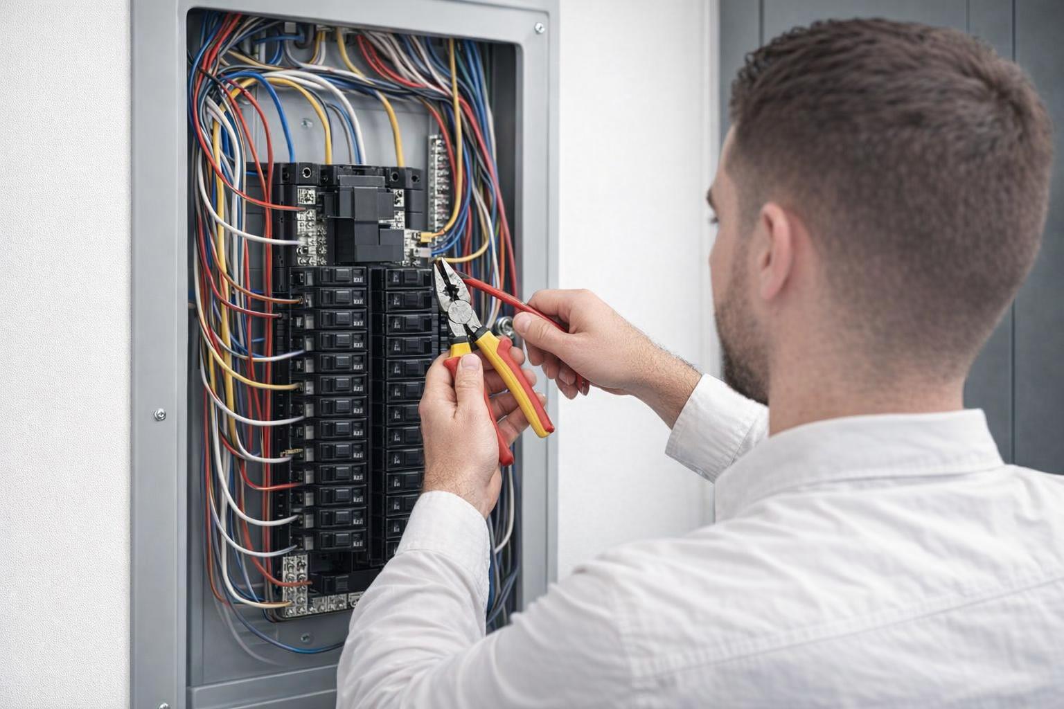 Picture of an electrician upgrading a home electrical panel in Langford, BC