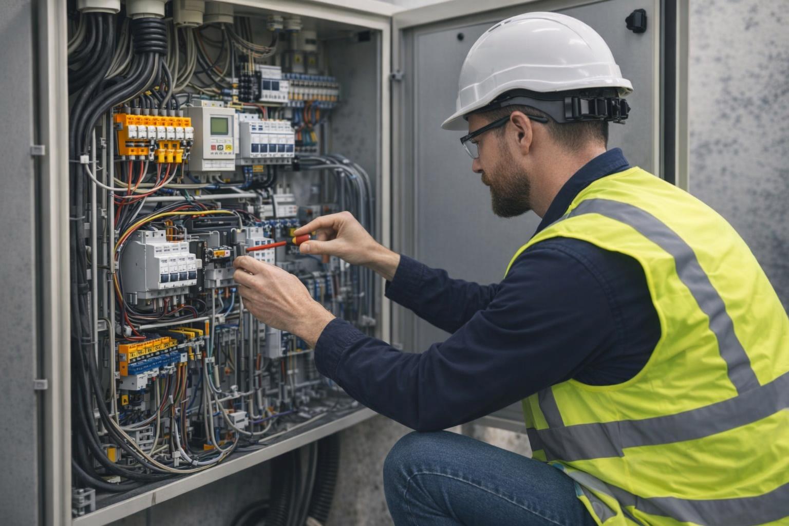 Picture of a licensed electrician inspecting electrical wiring in Esquimalt, BC