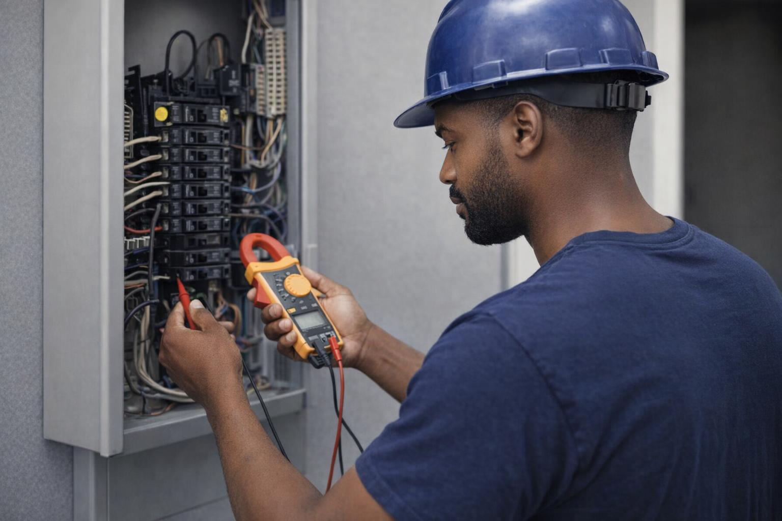 Picture of a licensed electrician inspecting electrical wiring in Victoria, BC